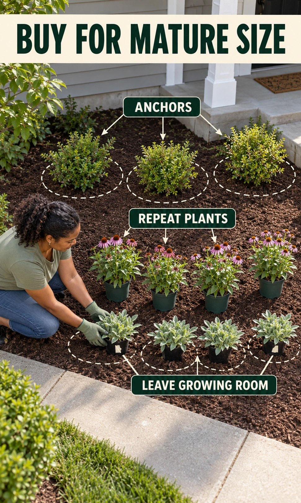 Small shrubs and repeated perennial plants are arranged with space for their mature spread.