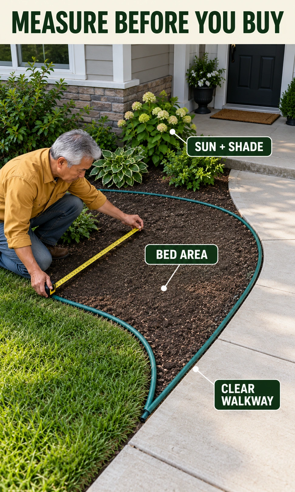 A homeowner measures a hose-outlined planting bed beside a clear entrance walkway.