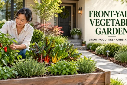 A gardener checks compact peppers beside colorful chard and a clear front entrance path.