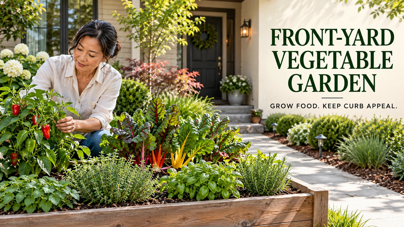 A gardener checks compact peppers beside colorful chard and a clear front entrance path.