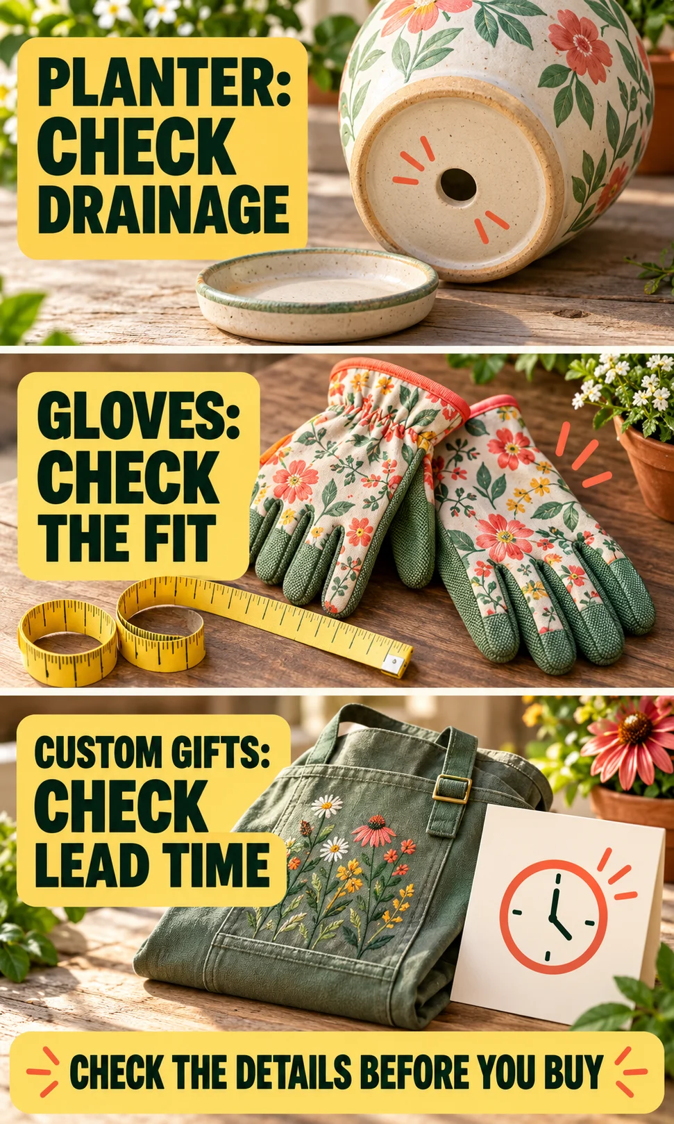 Drainage hole in a decorative pot, floral gardening gloves and a personalized apron with buying checks