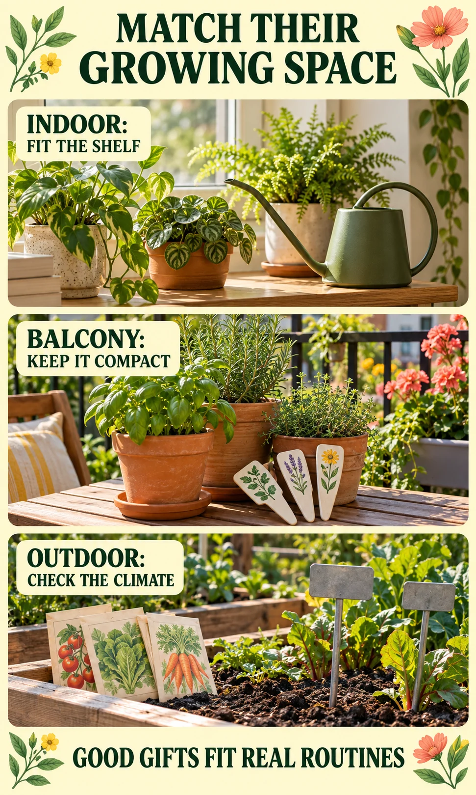 Indoor plants, balcony herbs and outdoor beds paired with gifts that fit each growing space