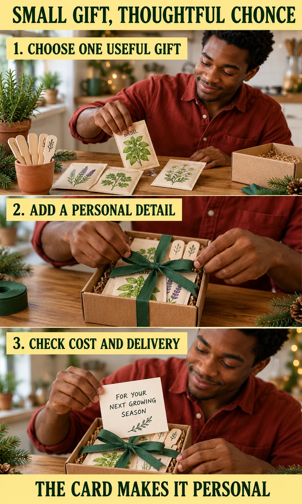 Man assembling a seed and plant marker gift box with a personal card