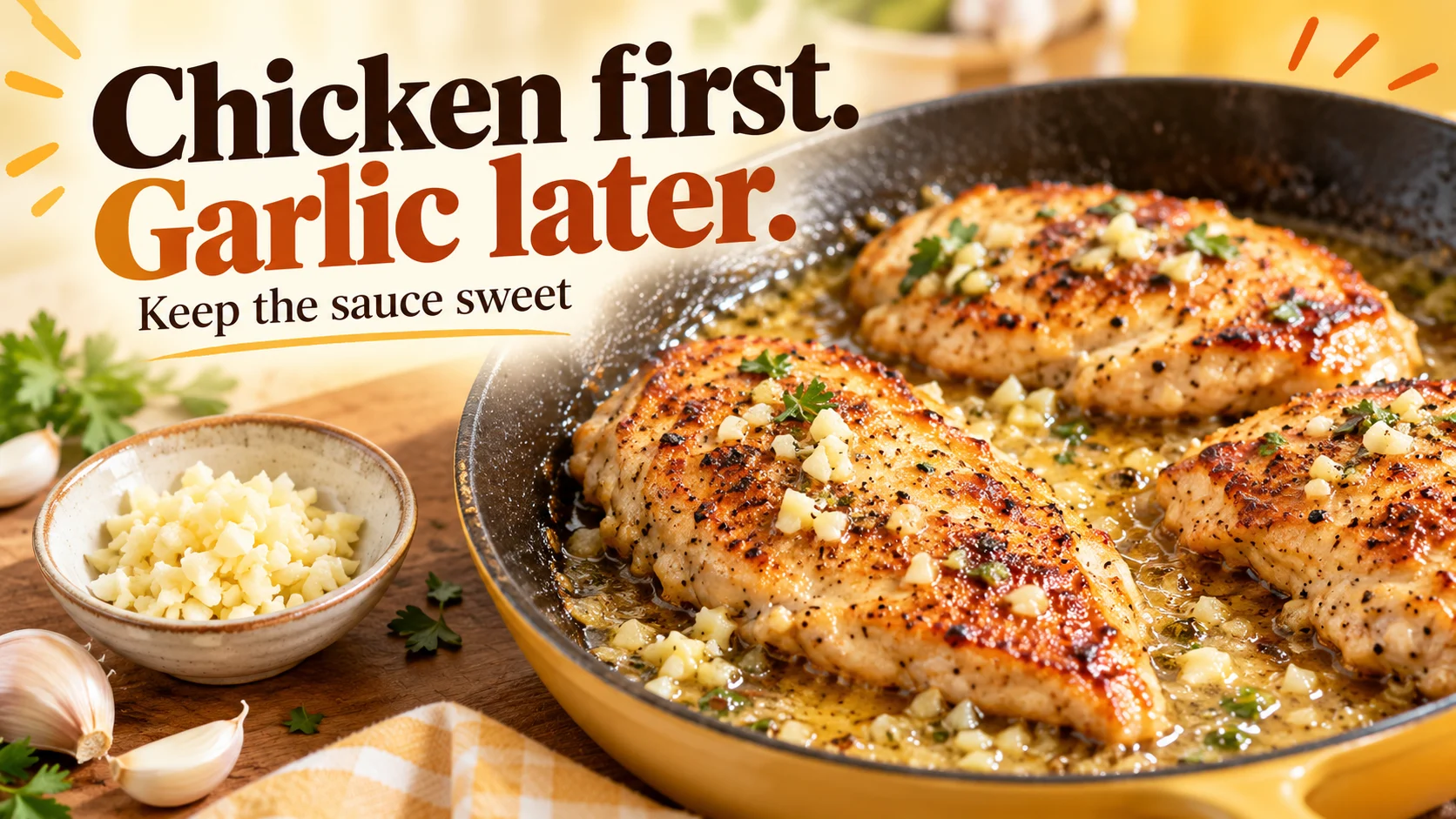 Golden chicken cutlets in a skillet with pale garlic and a separate dish of minced garlic.