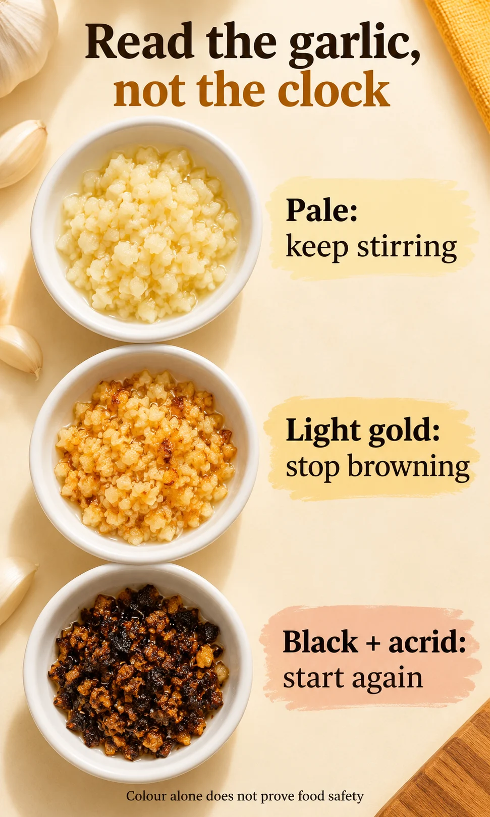 Pale, lightly golden, and scorched minced garlic shown in separate dishes.