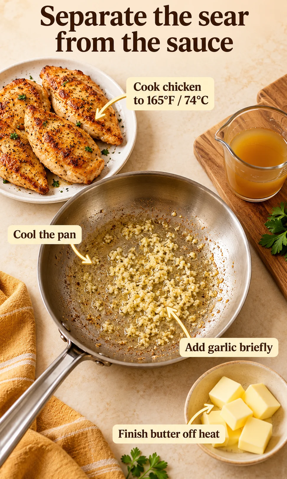 Cooked chicken on a clean plate beside garlic gently sizzling in a skillet and cold butter ready to finish the sauce.