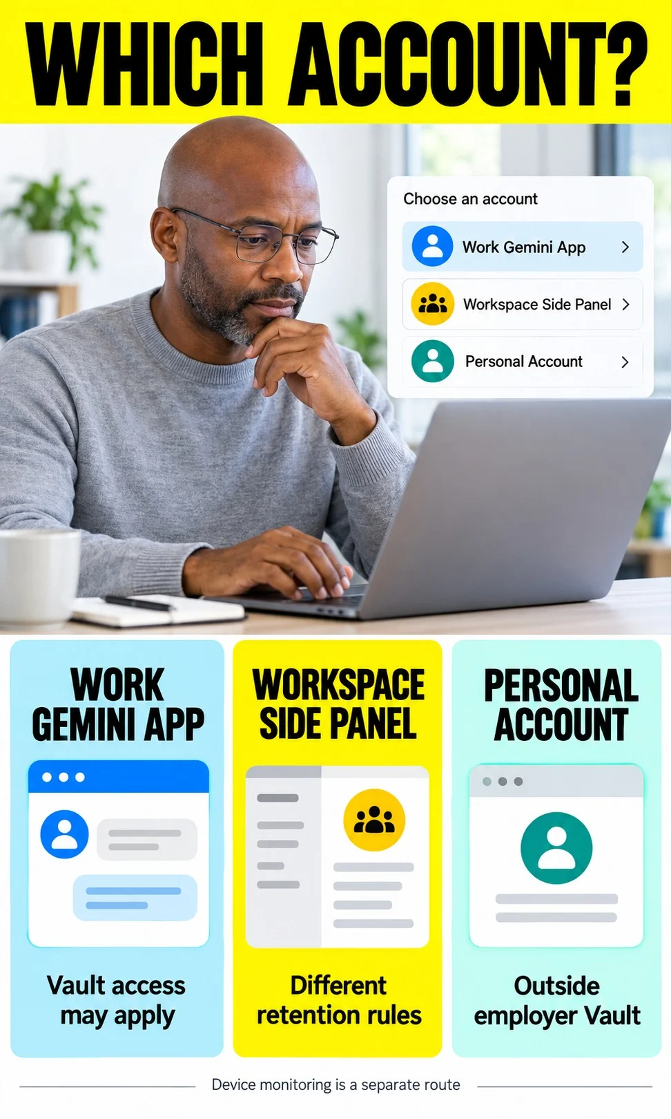 Employee checking which account and Gemini surface they are using