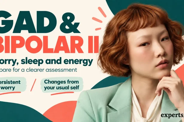 Woman in a mint blazer beside the headline GAD and Bipolar II and cues about worry, sleep and energy.