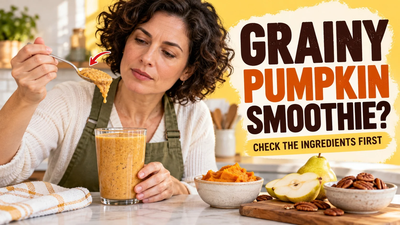 Home cook examining a spoonful of pumpkin smoothie beside pumpkin puree, pear and pecans.