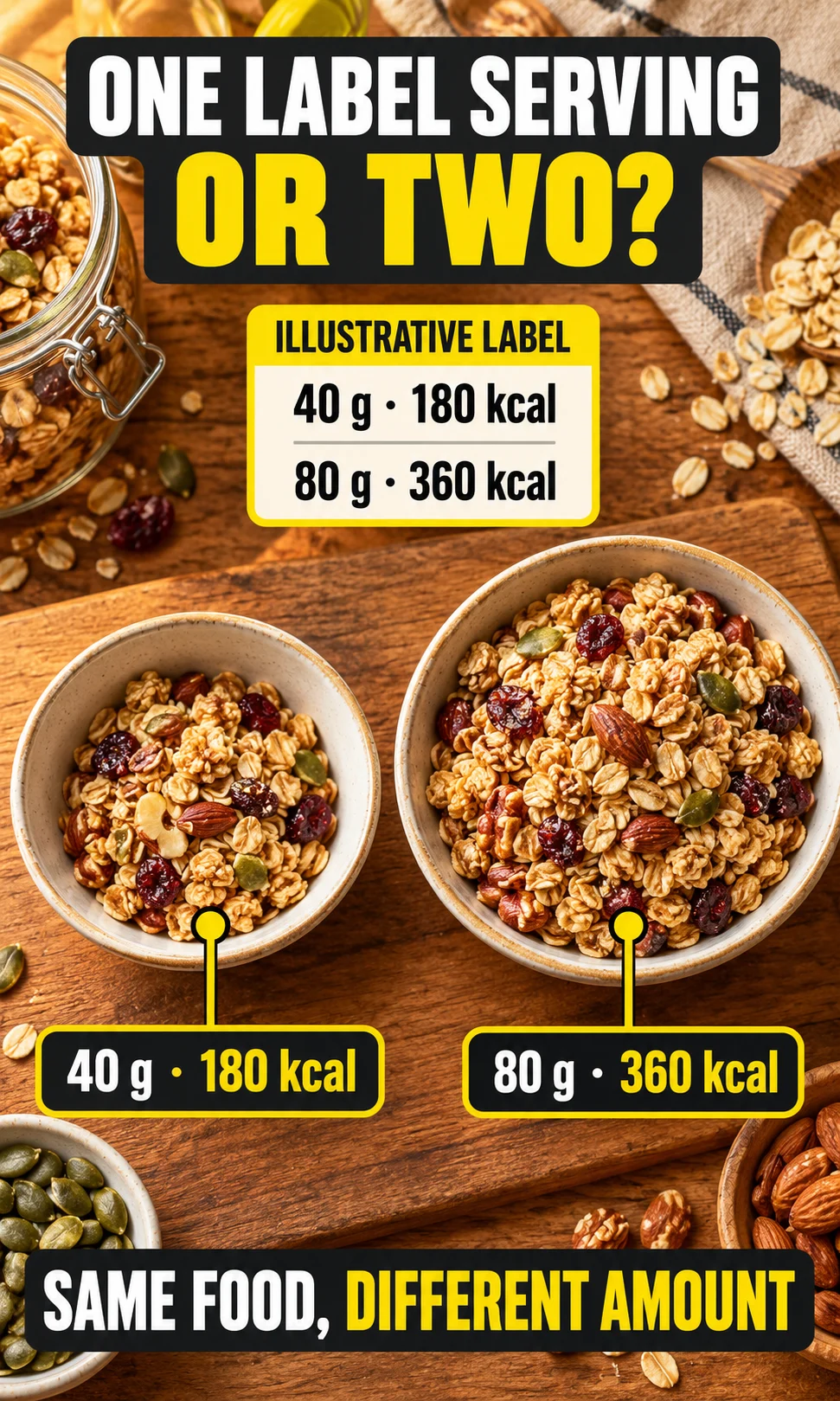 Measured 40-gram granola serving compared with an 80-gram bowl using illustrative label values.