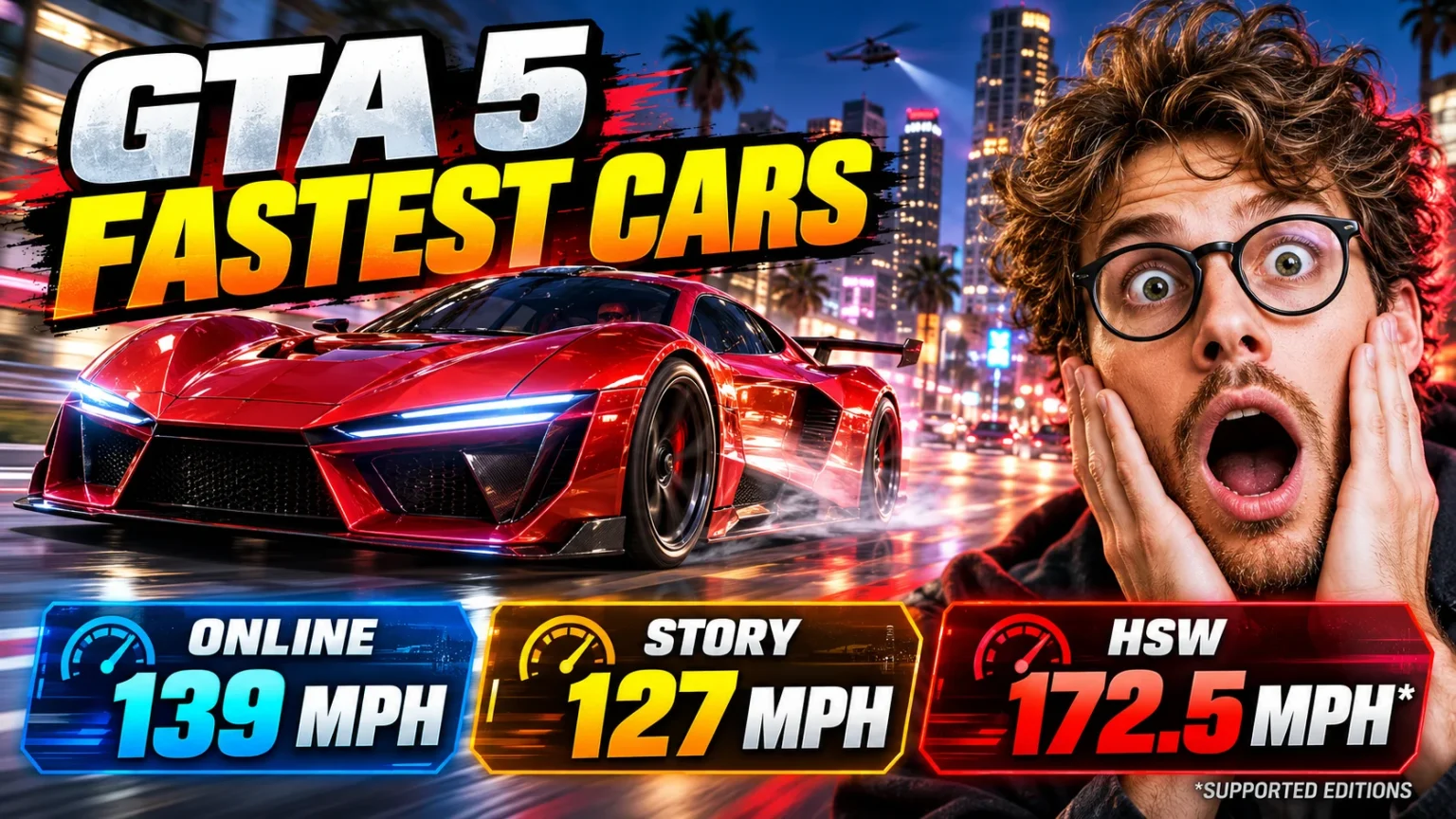 GTA 5 fastest cars overview comparing 139 mph in GTA Online, 127 mph in Story Mode, and 172.5 mph with HSW on supported editions.