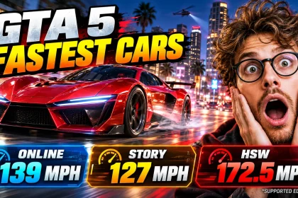 GTA 5 fastest cars overview comparing 139 mph in GTA Online, 127 mph in Story Mode, and 172.5 mph with HSW on supported editions.