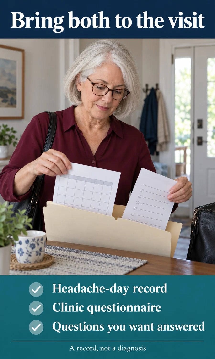 An older woman placing a headache diary and separate clinic questionnaire in an appointment folder.
