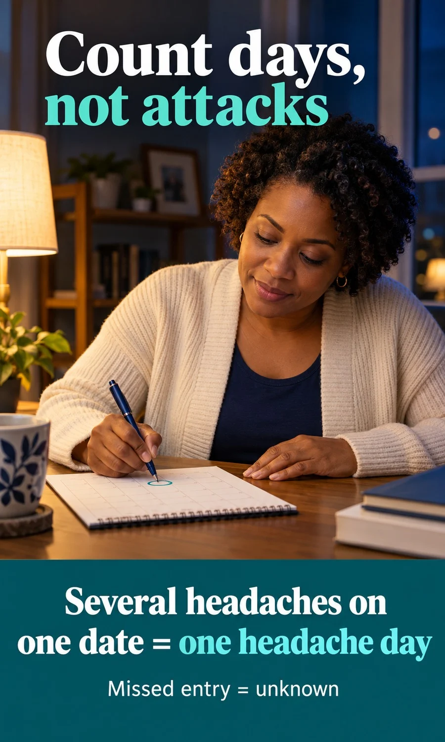 A woman marking one calendar date while counting headache days rather than attacks.