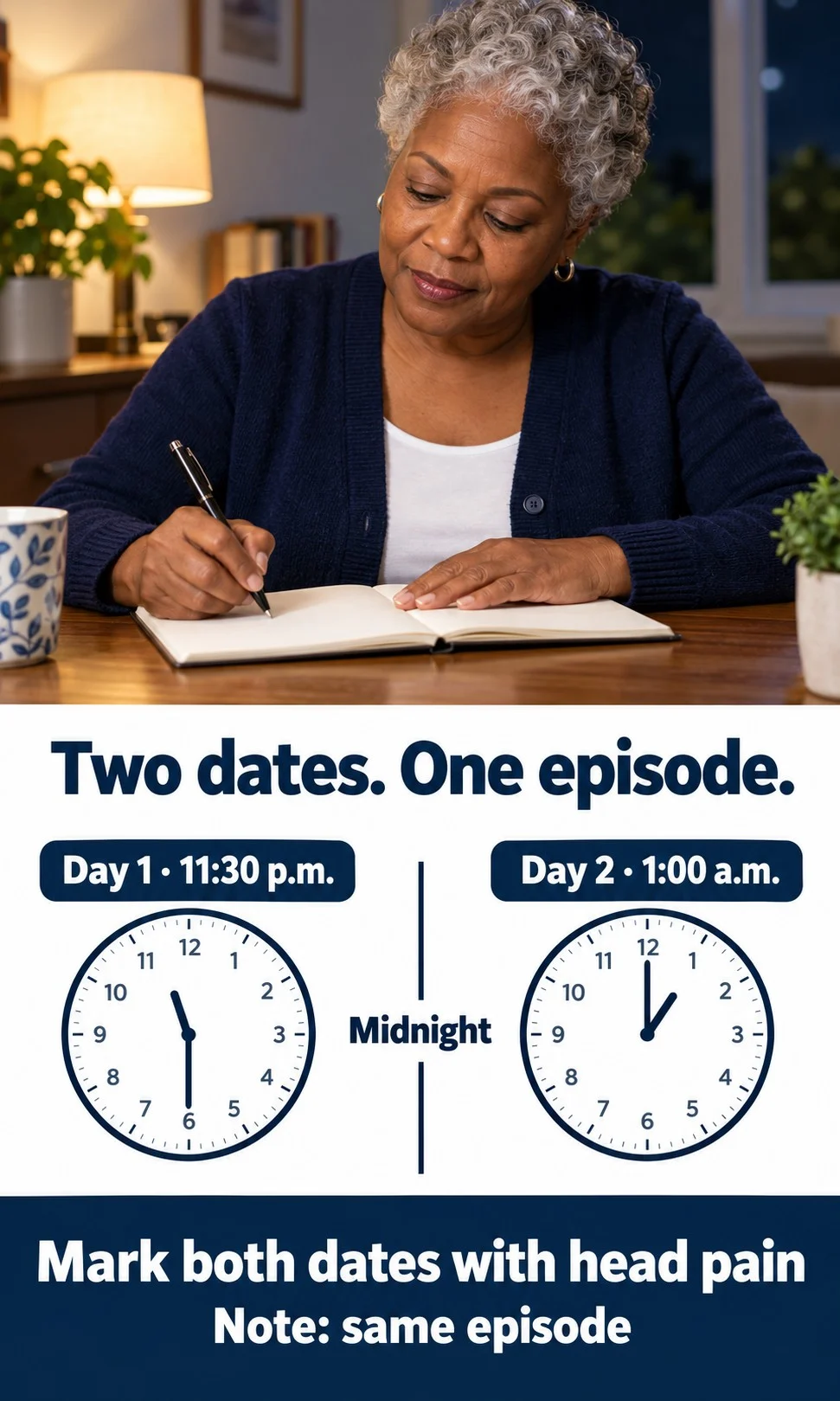 An American woman recording the start and end times of pain that crosses midnight.