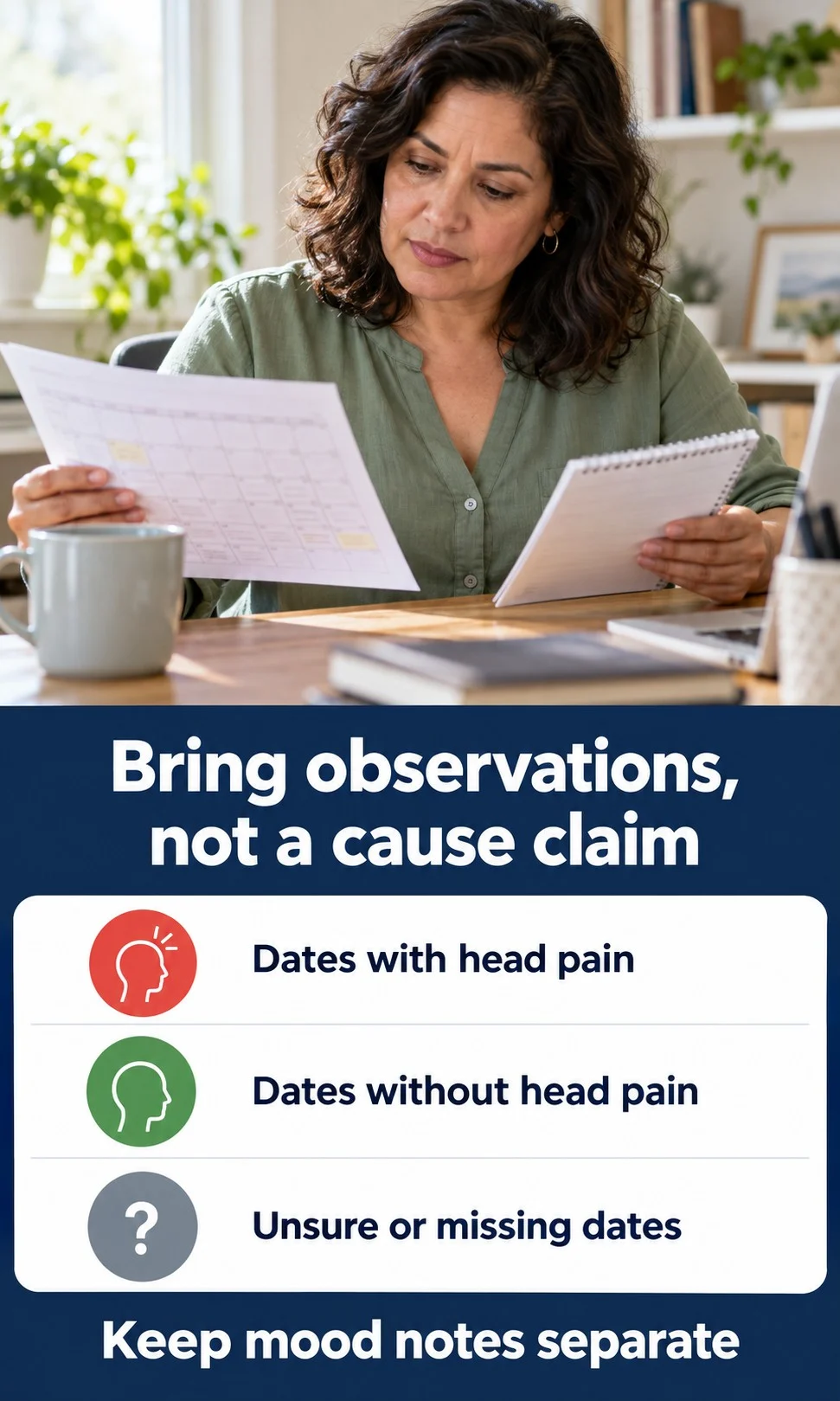 An American woman comparing a dated headache record with a short appointment summary.