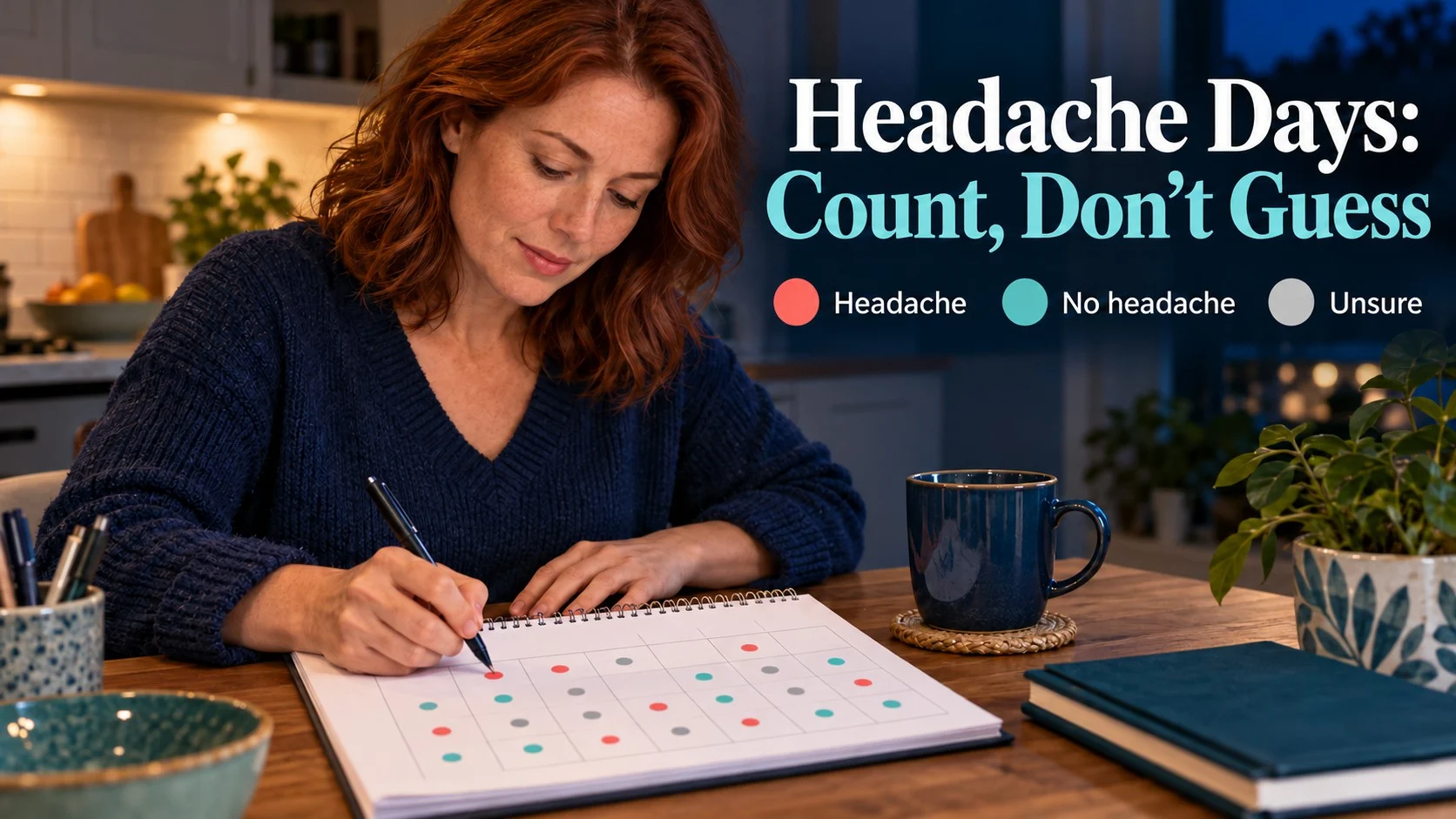 A woman marking a headache calendar beside a three-state counting legend