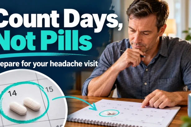A man reviewing a headache medicine calendar, with two tablets under one circled date.