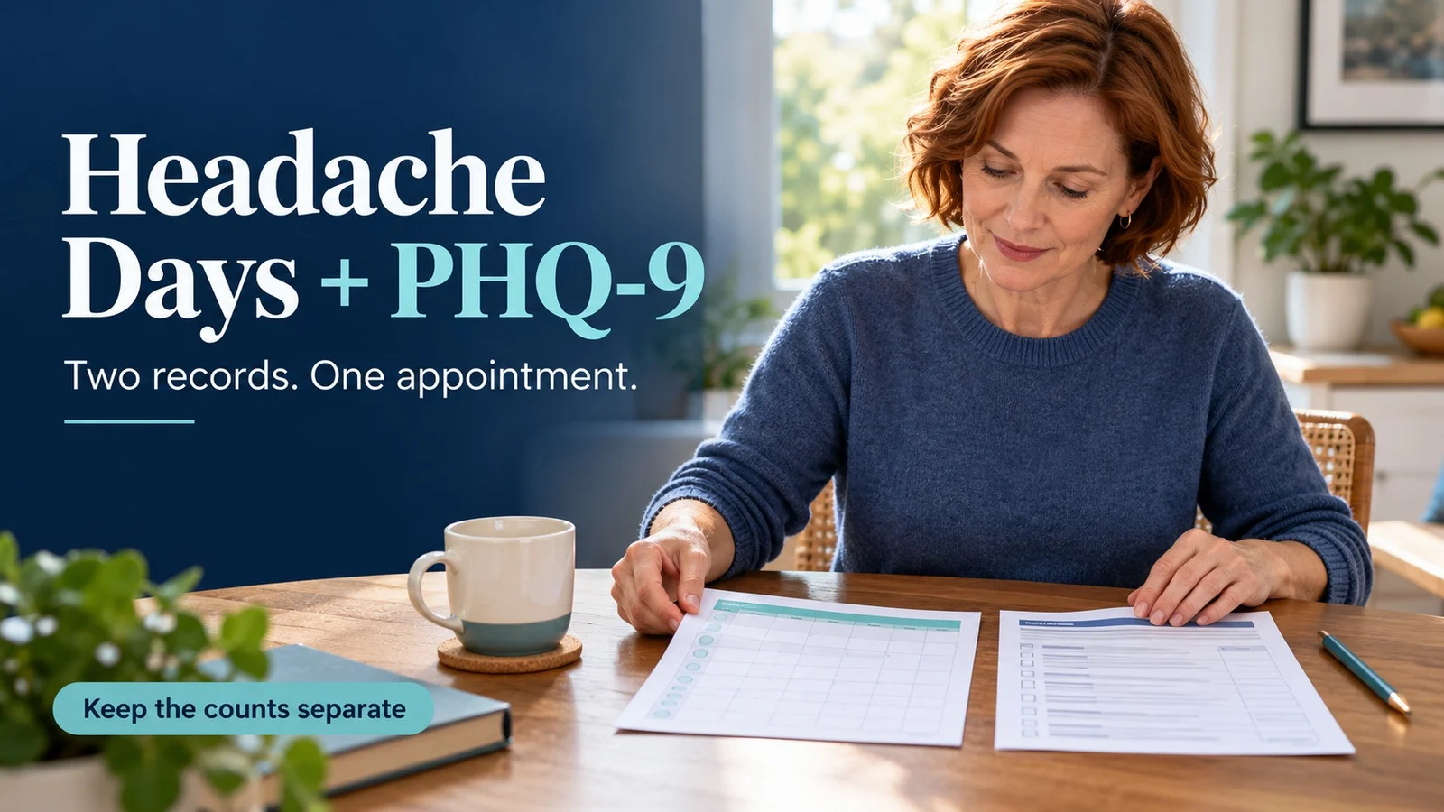 An adult arranging a headache diary beside a separate clinic questionnaire at a home table.