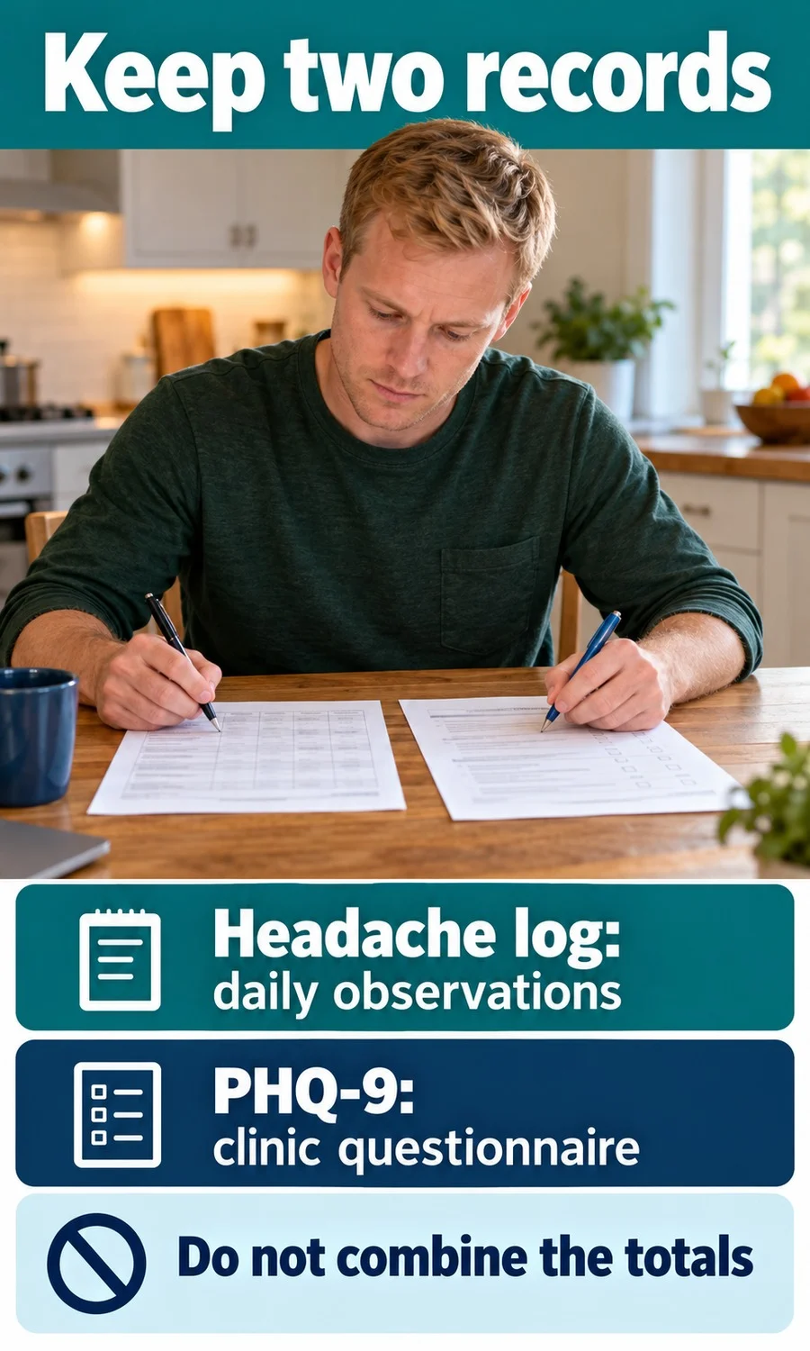 An adult keeping a daily headache record separate from a clinic questionnaire.