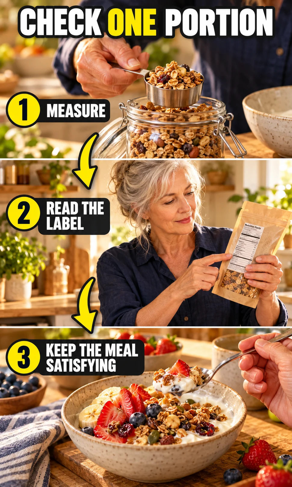 Three-step routine showing a measured serving, a label check, and a balanced meal.
