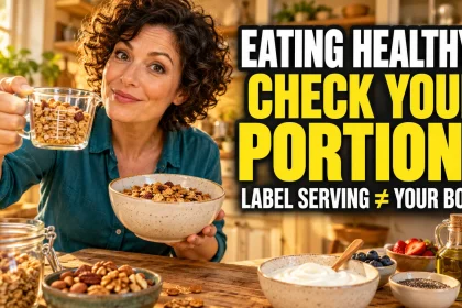 Woman holding measured granola and a larger bowl beneath an eating healthy portion-check headline.
