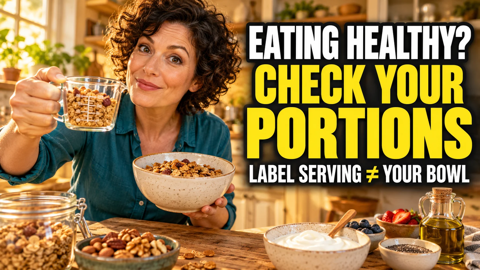 Woman holding measured granola and a larger bowl beneath an eating healthy portion-check headline.