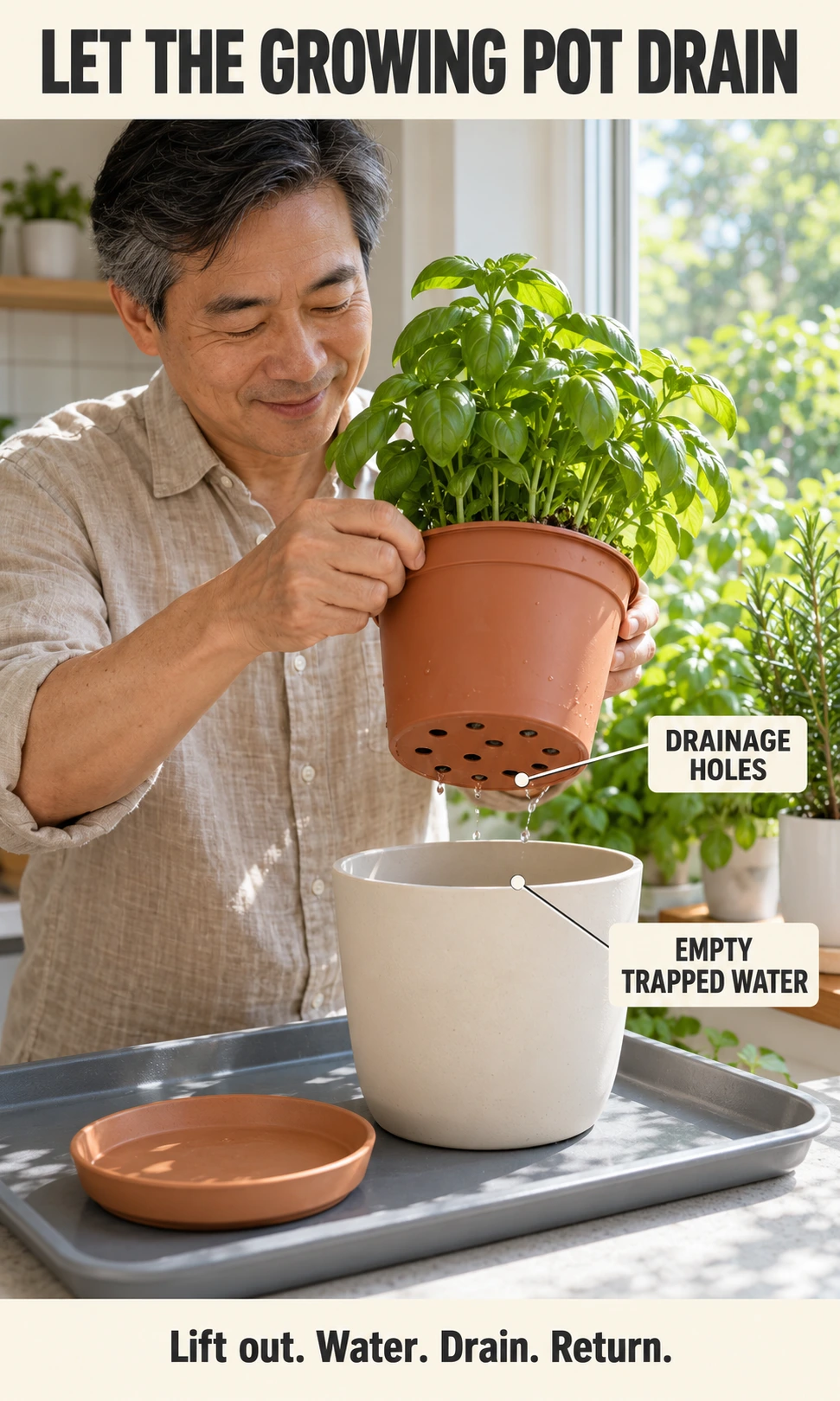 A draining nursery pot lifted from a decorative outer planter beside a saucer on a waterproof tray.