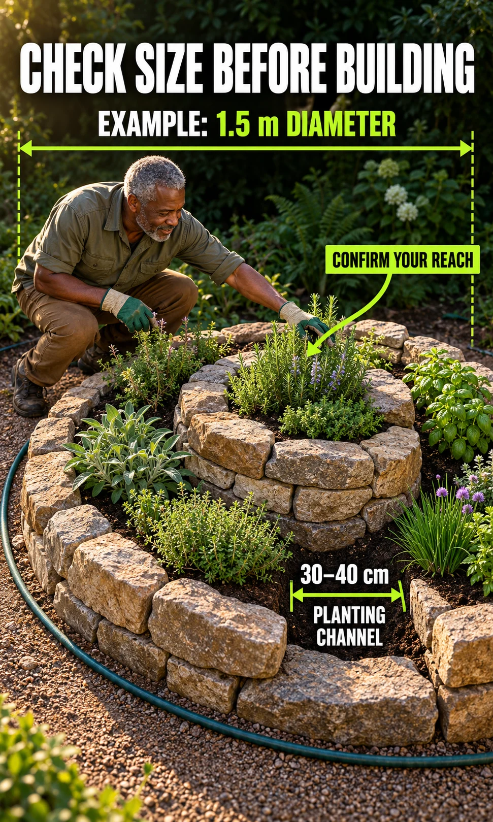 A low herb spiral marked with its outside diameter, planting channel and an unobstructed reach check.