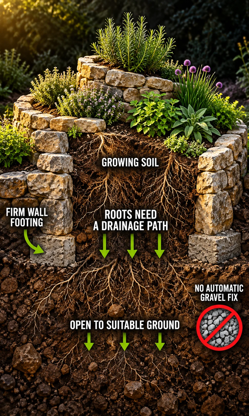 Thyme and compact oregano in an upper herb spiral position, basil and parsley lower down, and mint in a separate pot.
