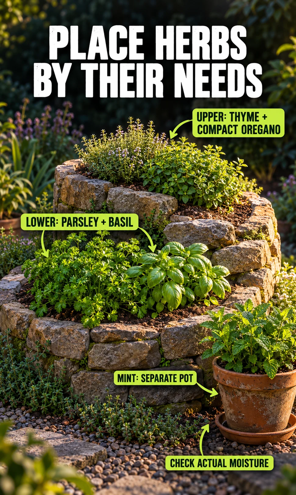 A herb spiral soil cutaway showing a continuous root zone, firm wall footing and an open path into the ground.