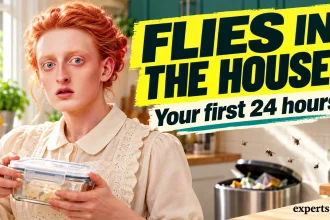 A woman holds a covered food container beside a kitchen bin and flies, with the headline &ldquo;Flies in the House?&rdquo;.