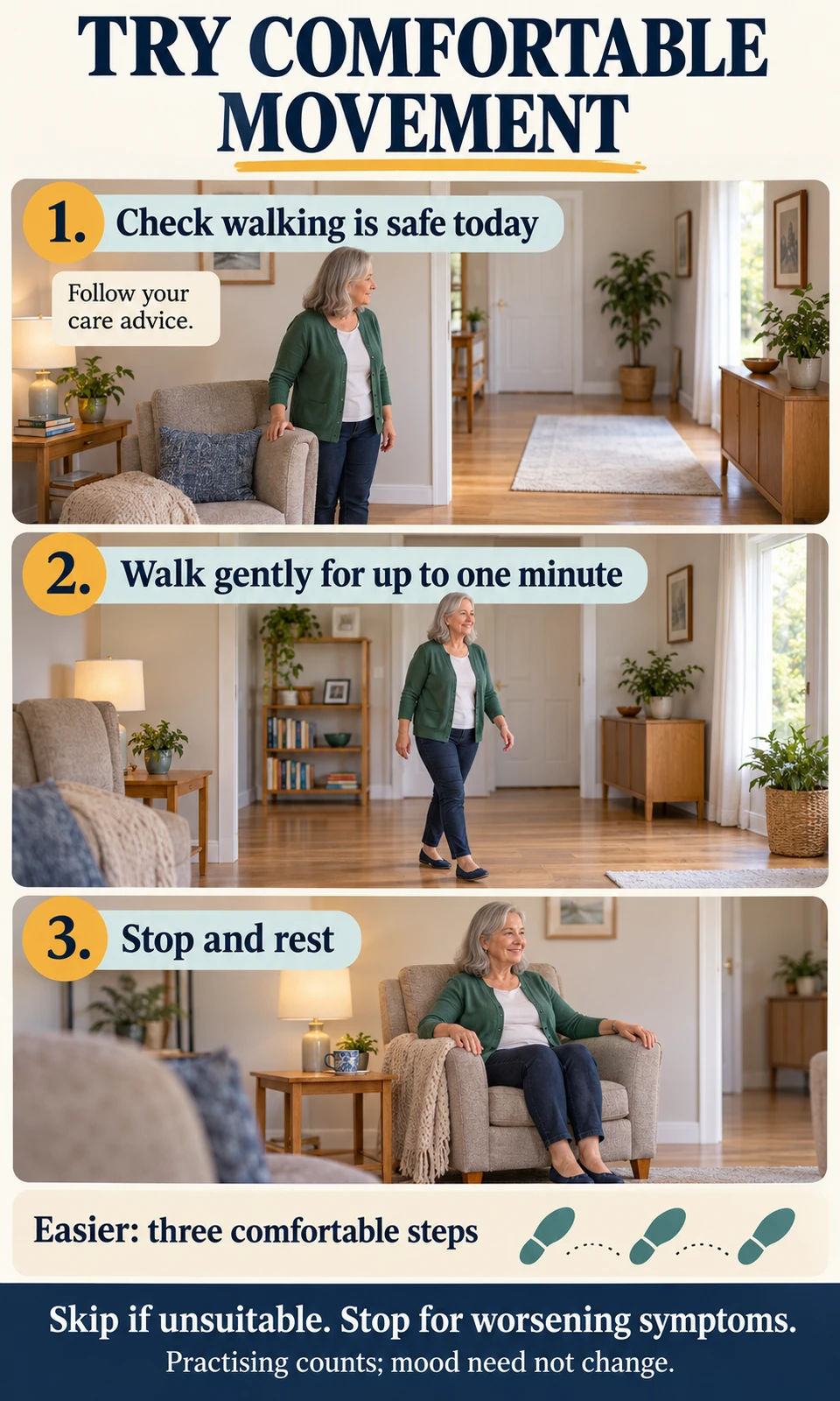 Three illustrated steps show checking a clear safe route, walking gently and stopping to rest, with three comfortable steps as an easier option.