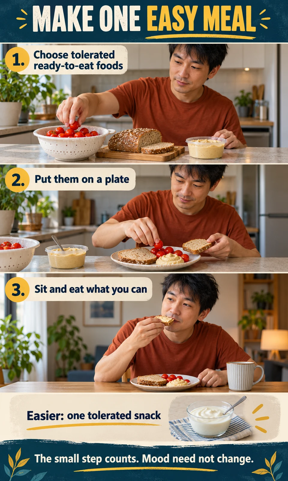 Three illustrated steps show choosing tolerated ready-to-eat foods, plating them and sitting to eat, with one snack as an easier option.