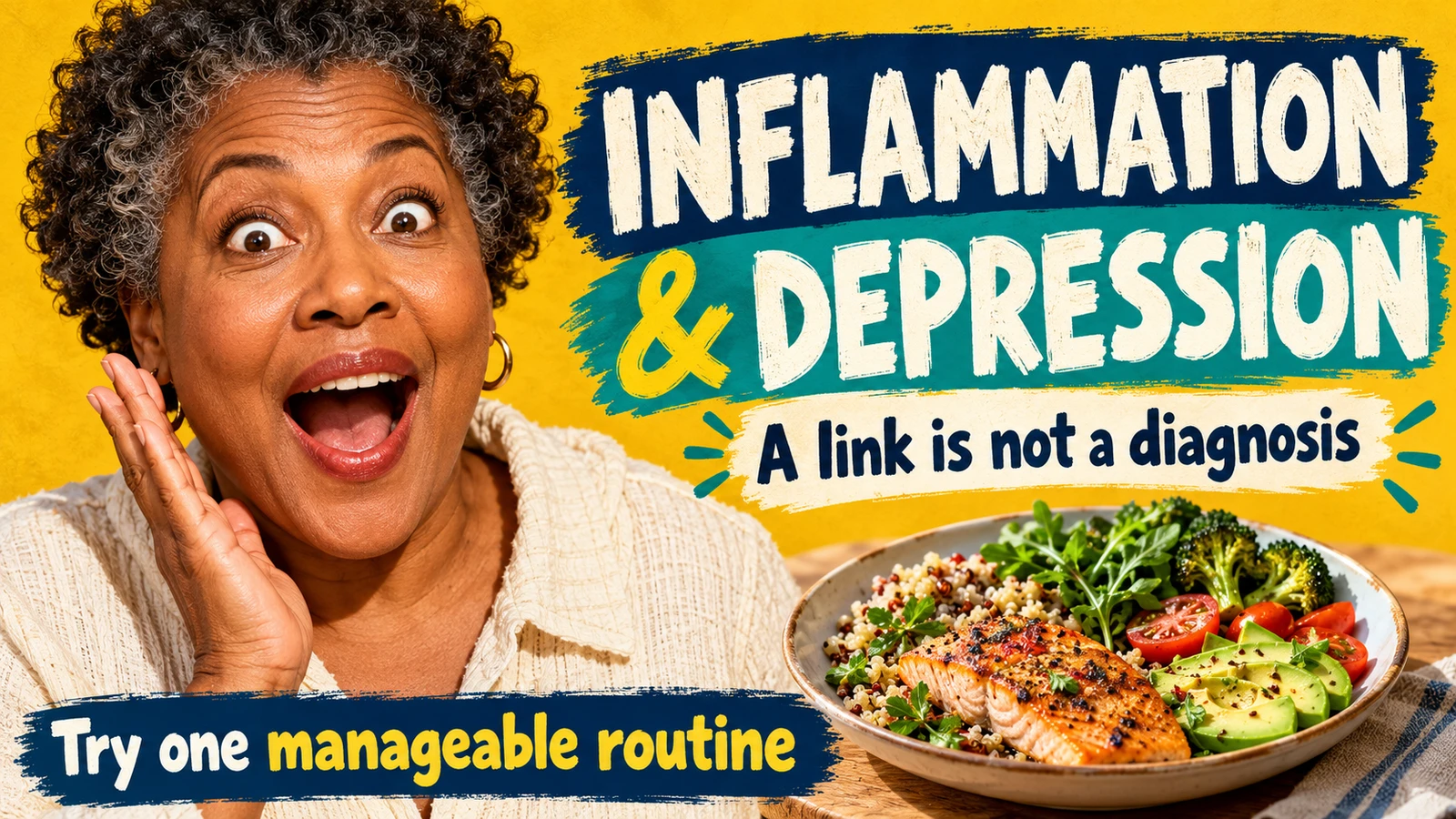 Wide-eyed woman beside a bold inflammation and depression headline and an everyday meal.