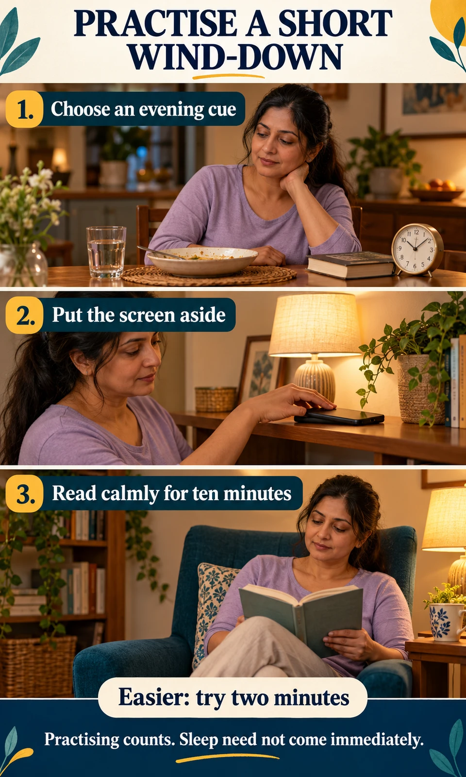 Three illustrated steps show choosing a wind-down cue, putting the screen aside and reading in low light, with two minutes as an easier version.