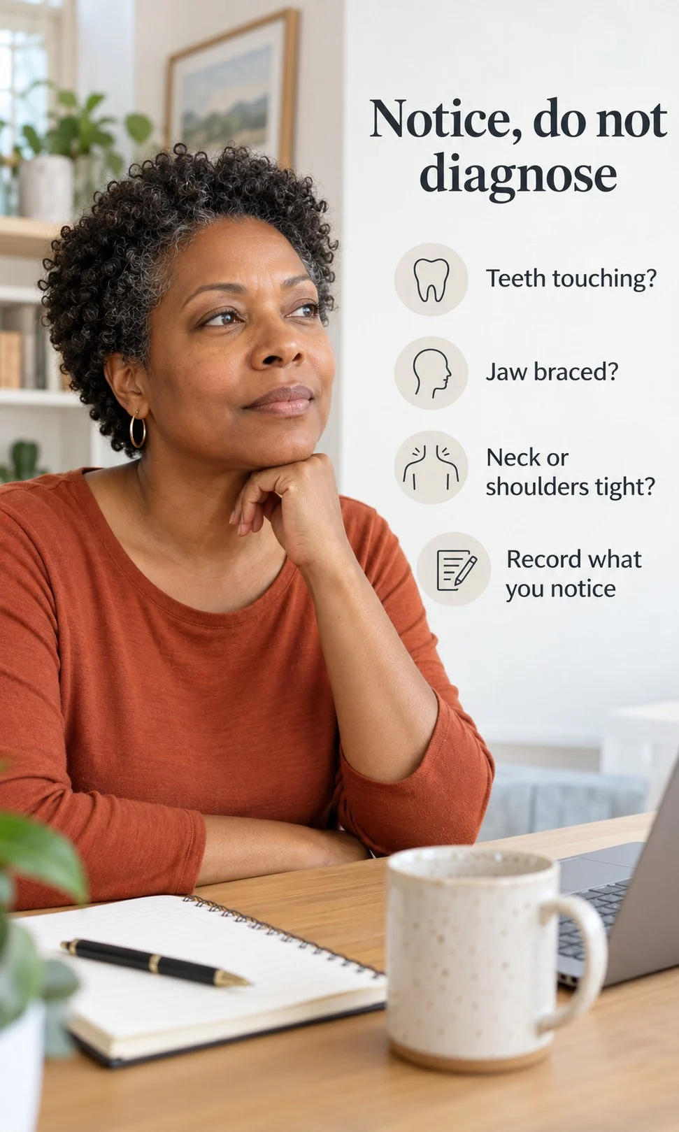 Woman observing jaw and shoulder tension beside a short recording checklist