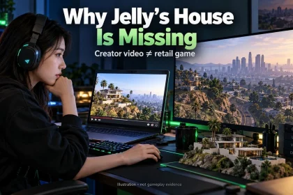 Female gamer comparing a creator video with an illustrative city scene at a gaming desk.