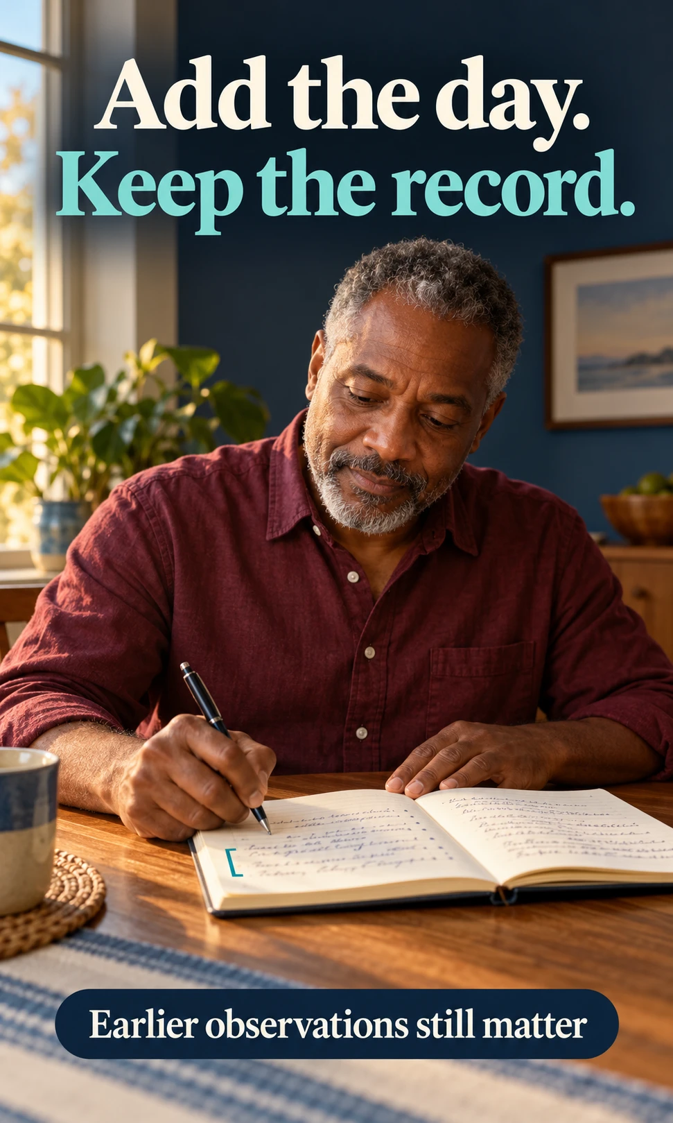 A man adds a daily note while keeping earlier notebook entries intact.