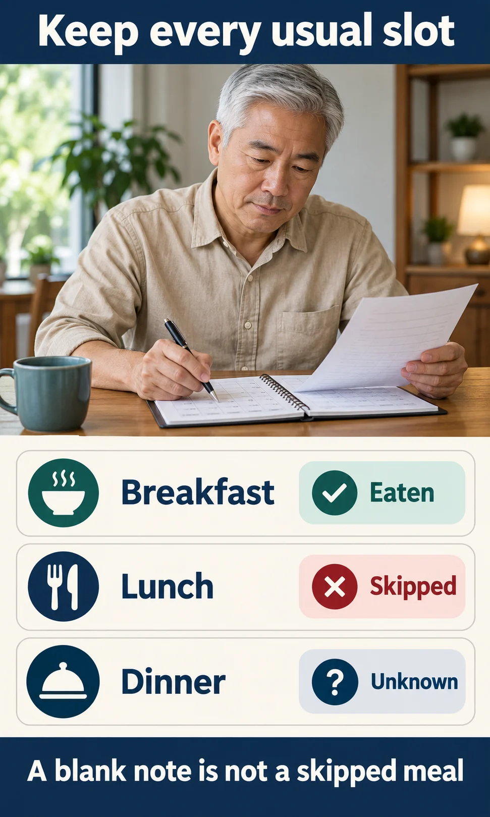 An adult reviewing a log that distinguishes eaten, skipped and unknown meal slots.