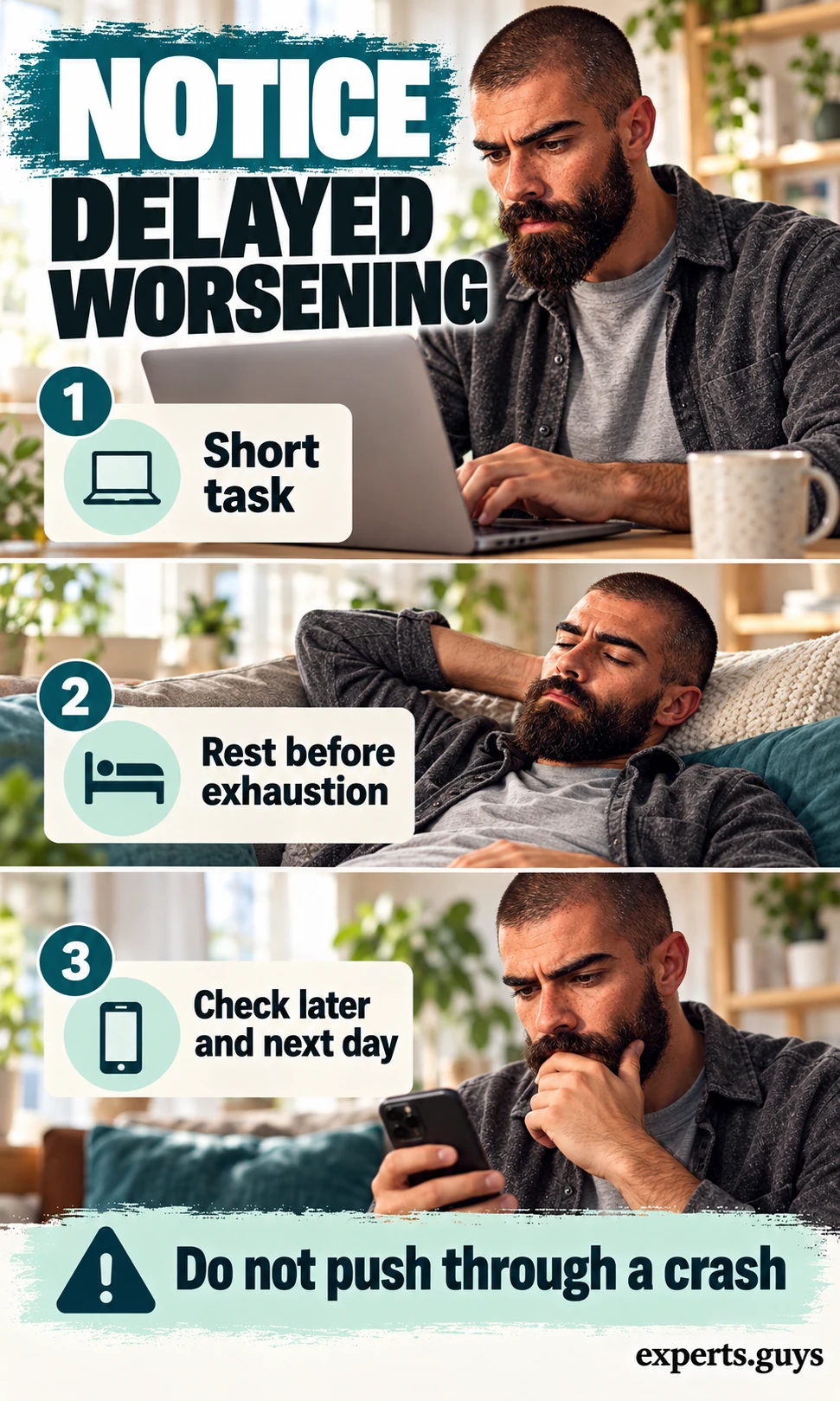 Man does a short laptop task, rests on a sofa and checks how he feels the next day.