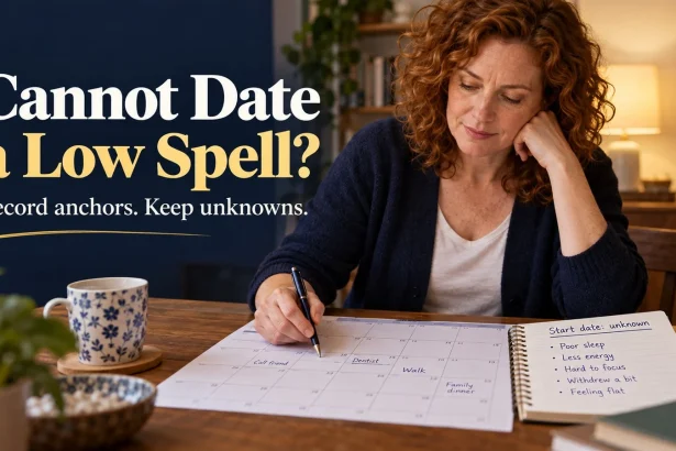 Woman compares a calendar with a notebook marked Start date unknown.