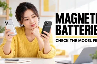 Woman comparing two magnetic phone batteries before checking model compatibility.
