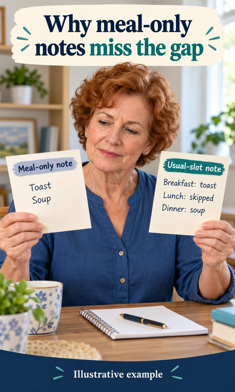 An illustrative comparison of a meal-only note and a usual-slot log that includes a skipped lunch.