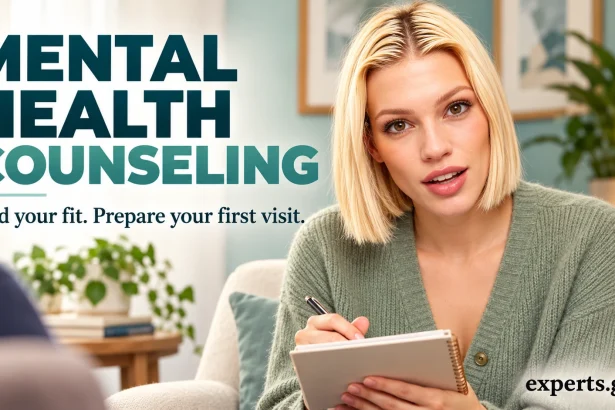 Woman holding an appointment notebook in a counseling office beside a headline about finding a counselor.