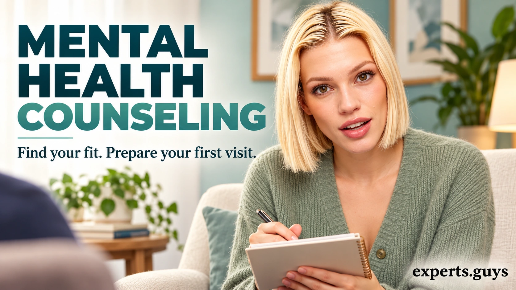 Woman holding an appointment notebook in a counseling office beside a headline about finding a counselor.