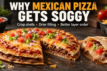 Homemade double-shell Mexican pizza with a crisp cut edge and a softened shell comparison.