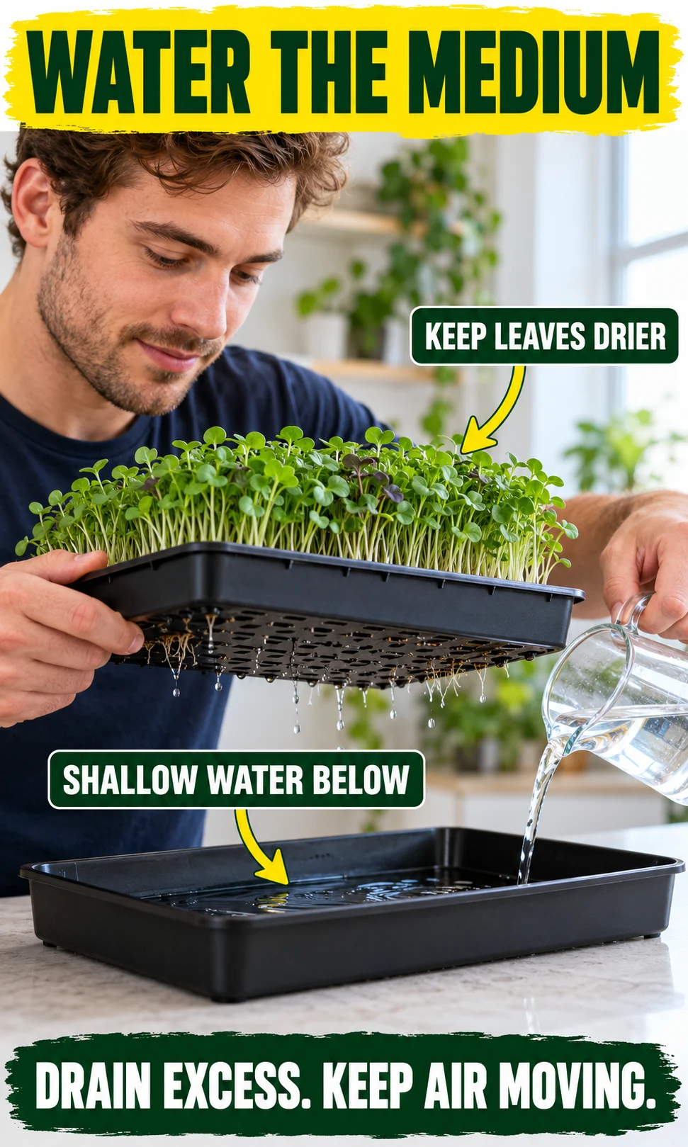 A grower lifts a perforated microgreens tray while adding shallow water to the catch tray beneath it.