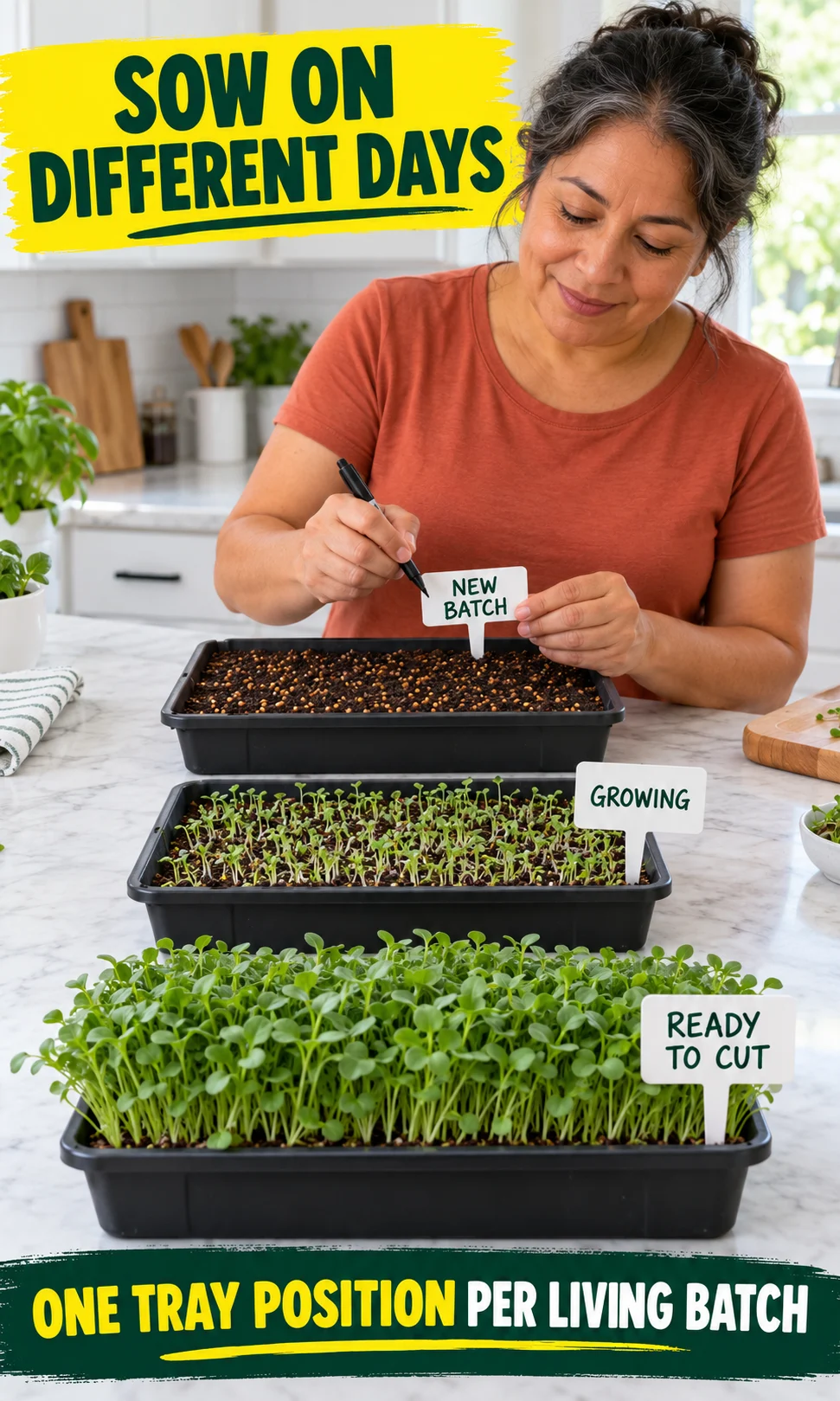 Three separate microgreens trays show a new sowing, growing seedlings and a harvest-ready crop.