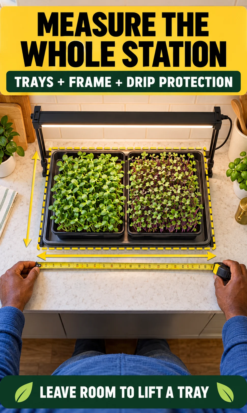 Hands measure the outside footprint of a countertop microgreens station, including its frame and drip tray.